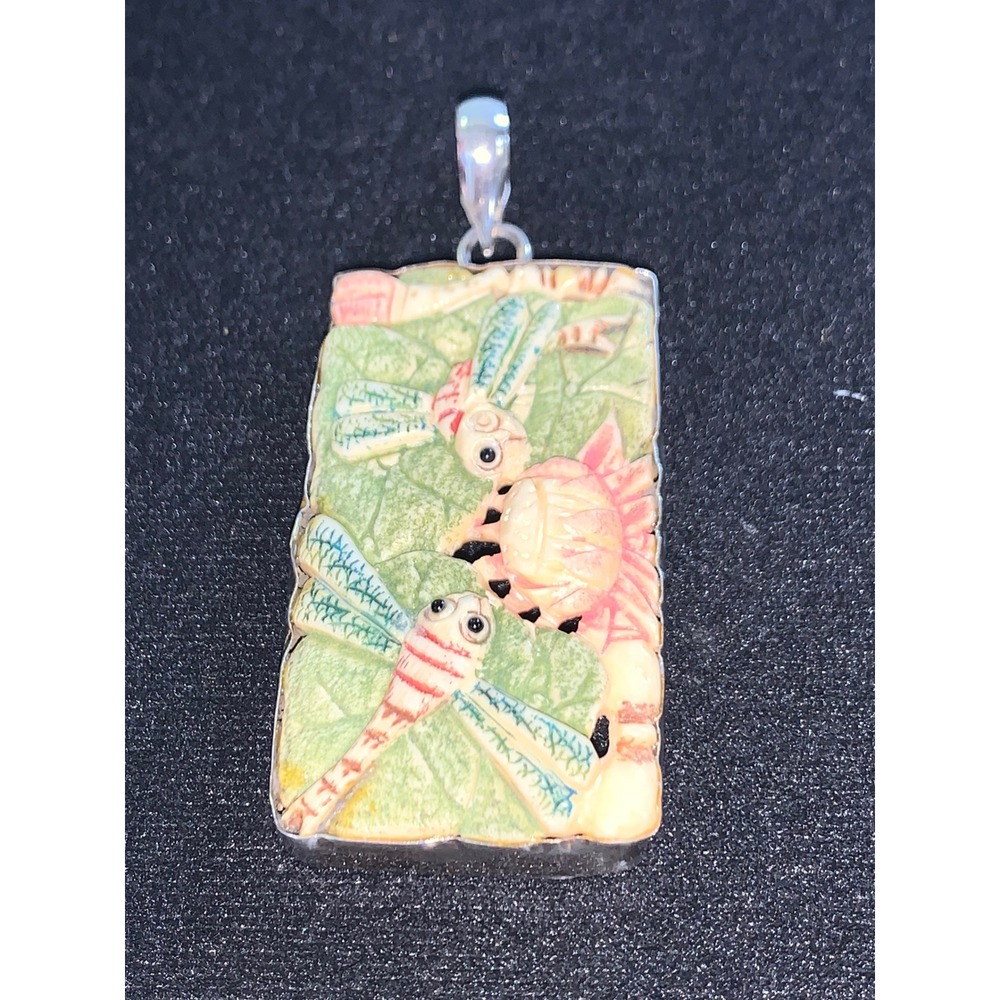 Vintage 1990s Bali 925 Sterling Silver Carved Bone Dragonfly Lotus Pendant